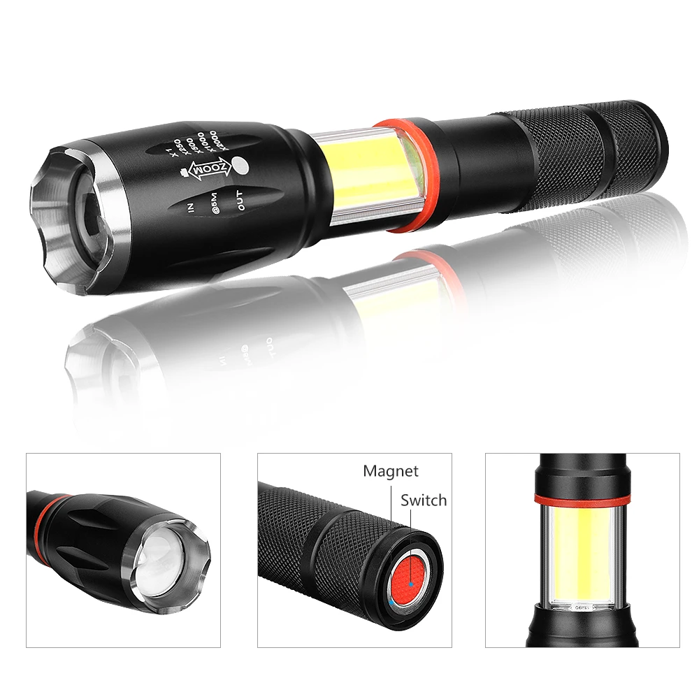 LED Flashlight T6 COB Waterproof Handheld Torch Zoom Focus Lamp Magnetic Work Light for Emergency Lighting By AAA/18650 Battery
