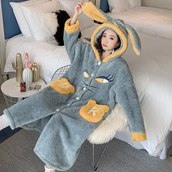 

Korean version thickened long robe women's autumn/winter flannel sweet and lovely embroidered hooded bathrobe cartoon warm robe