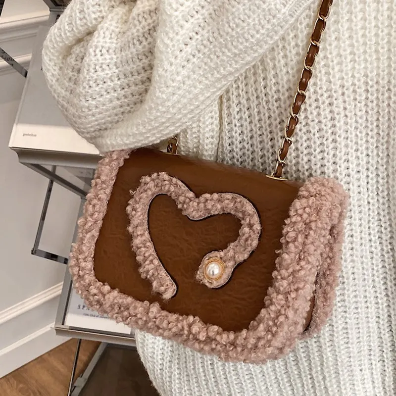 

Small Quilted Chain Square Women Bag Luxury Brand Soft Leather Shoulder Hand Bags Female Winter Style Around Wool Messenger Bag