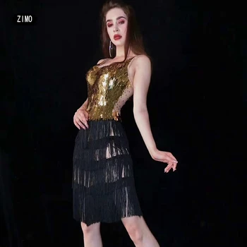 

rhinestone Gold Sequin black Tassel Latin Dance sexy Dresses Dance Costumes Women Salsa wear performance figure skating dress