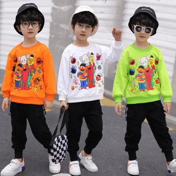 

Spring new boy cartoon printing suit Korean children's long-sleeve round neck sweater + casual trousers two-piece set