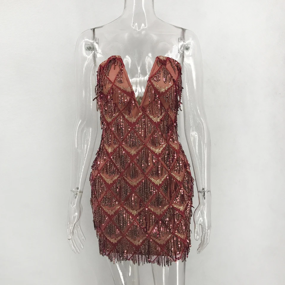 Wine Karlofea Sexy Underwired Strapless Dress Stylish Sequin Tassel Fringe Embellished Party Dress Lady Celebrity Club Wear Vestidos - Color: Wine