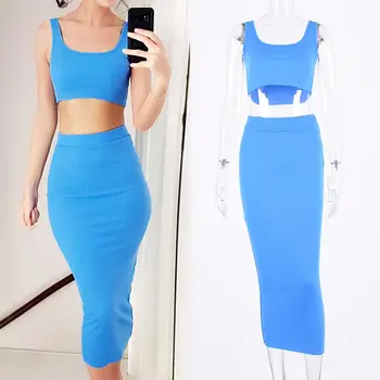 

Clothes Set Elastic Knitted Stripes Sexy Clothing Soft Sleeveless Garment Mid-Length Skirt For Women