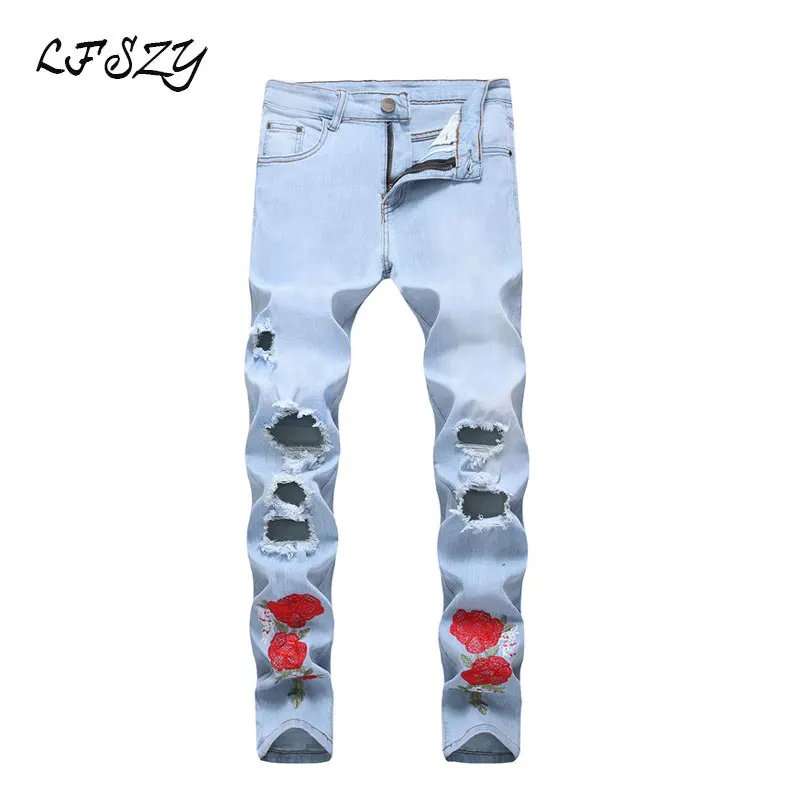 Jeans Men New Men's Embroidered Holes Light Blue Stretch jeans Men's Slim Straight trousers More Size 28-40 42