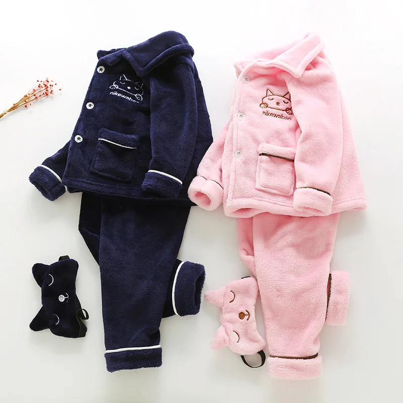Пижамы на осень и зиму костюм детская Фланелевая пижама, спортивный костюм, детский однотонный верх брюки повязка на глаза комплект из 3 предметов