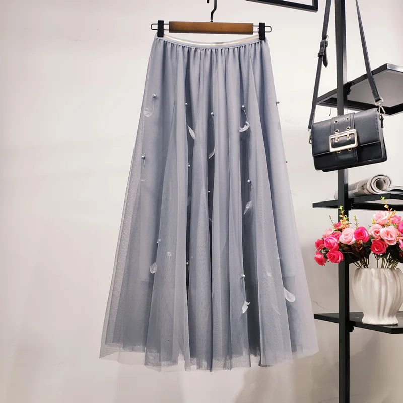 Женская летняя юбка с перьями и бисером, высокая талия, сетчатая элегантная длинная юбка, Корейская шифоновая плиссированная Тюлевая макси юбка-пачка, ретро юбка миди