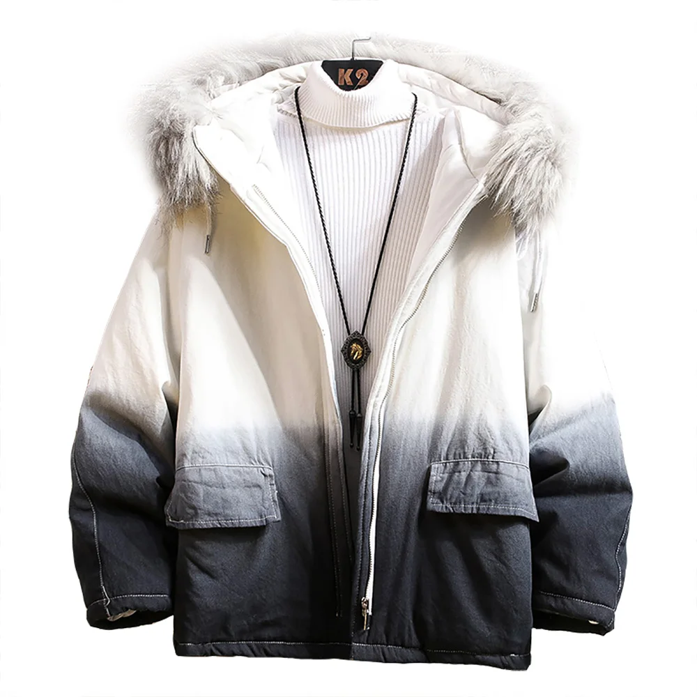 ZUSIGEL Новинка градиентный цвет утолщенное мужское зимнее пальто с меховым капюшоном на молнии свободная Зимняя парка мужские пальто куртка размера плюс M-5XL - Цвет: Черный