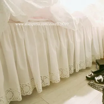 

European white sun flower embroidery lace bedspread Satin high quality pure cotton bed skirt wedding decoration bed sheets sale