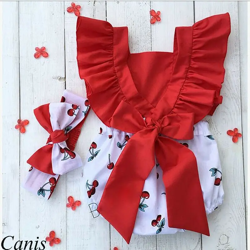 

2Pcs Newborn Baby Girl Clothes Ruffle Backless Cherry Romper + Headband Outfit Baby Girl Summer Clothes
