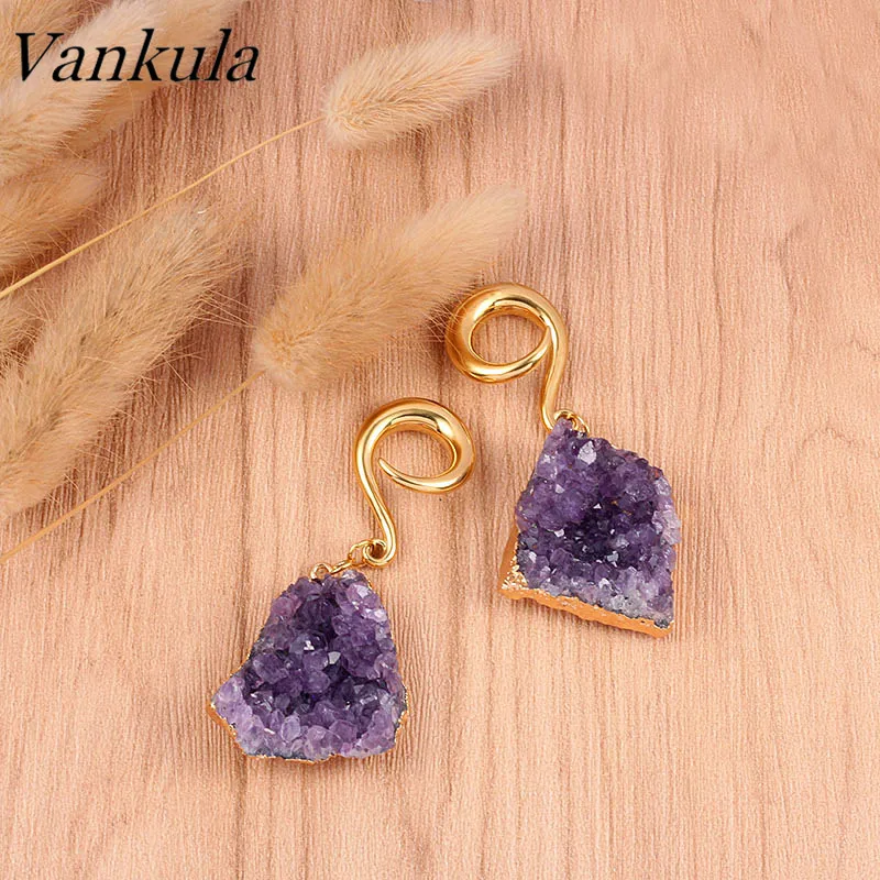 Vankula 2 шт. натуральный фиолетовый камень беруши тоннель ушные грузики 316L Нержавеющая Сталь Крючок Для Пирсинга Ушей вешалки 4 мм 6 мм 8 мм