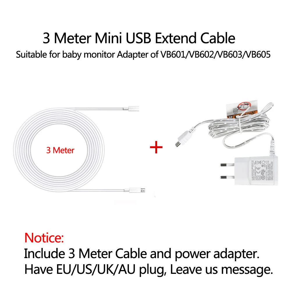 3 Meter Extension Cable Cord for Baby monitor Power Adapter VB601 VB602 VB603 VB605 VB607 Nanny Baby Camera Mini USB Connector house cameras Surveillance Items