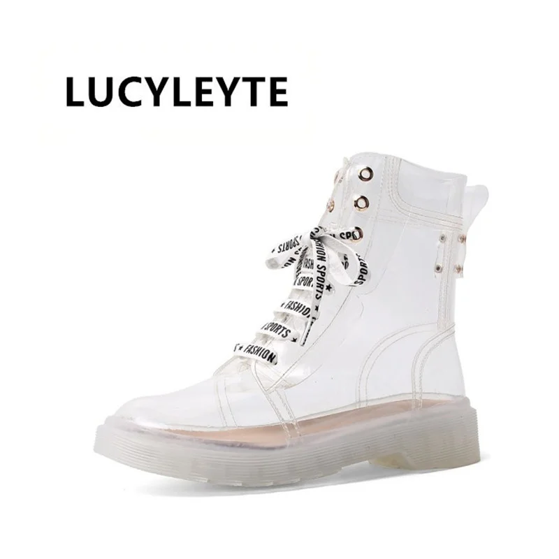 

2019 new British fashion crystal beef tendon bottom transparent booties English letters with casual wild women's boots