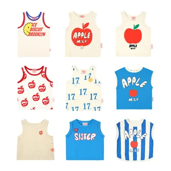 

Spot ZMHYAOKE-BE 2020 Summer Girls Boys T-shirt Apple Printed Sleeveless Top Beach Stripe Round Neck Casual Baby Boy Clothes