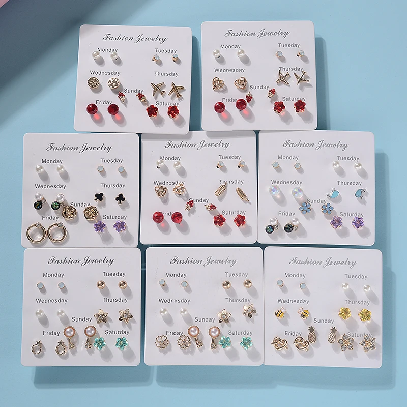 

ESERES Women Earrings Sets 7PRs/set One Week Cute Stud Earrings Rhinestone Girls Earrings Kids Earring Set