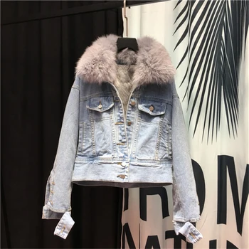 

Denim Cotton-Padded Clothes Women's Short Coat 2020 Winter New Fox Fur Collar Thick Loose Jeans Coat Women Warm Overcoat Femme