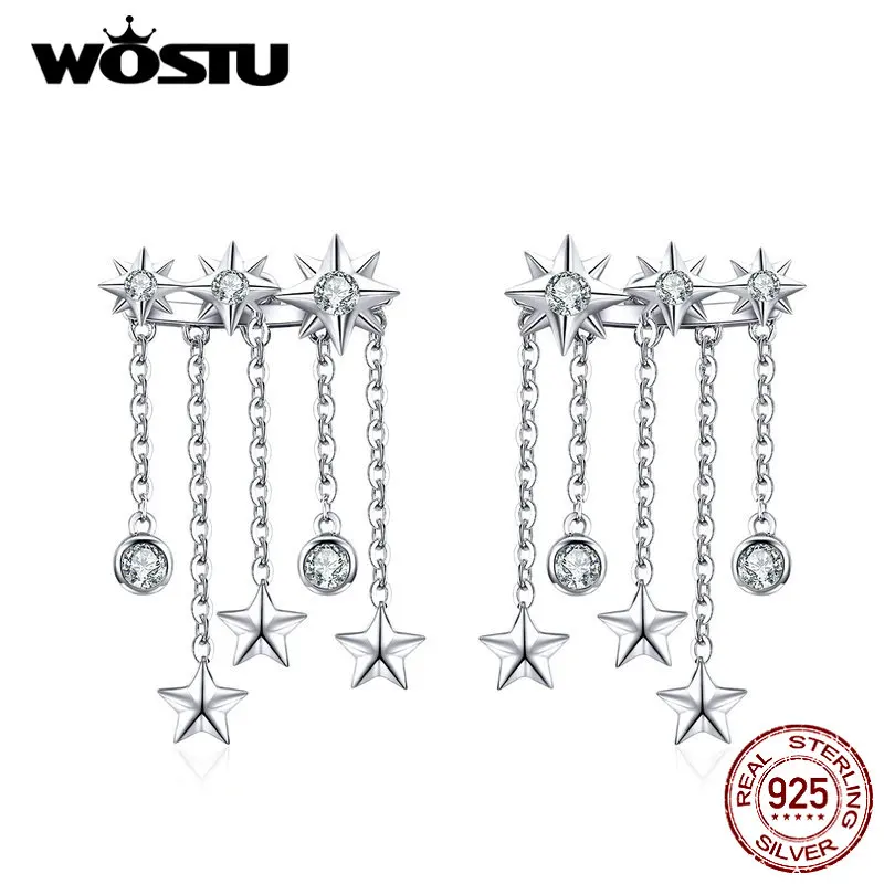 WOSTU, 925 пробы, серебряная звезда, линия кисточек, серьги-гвоздики для женщин, циркон, модные свадебные серьги, серебро 925, ювелирное изделие CQE700