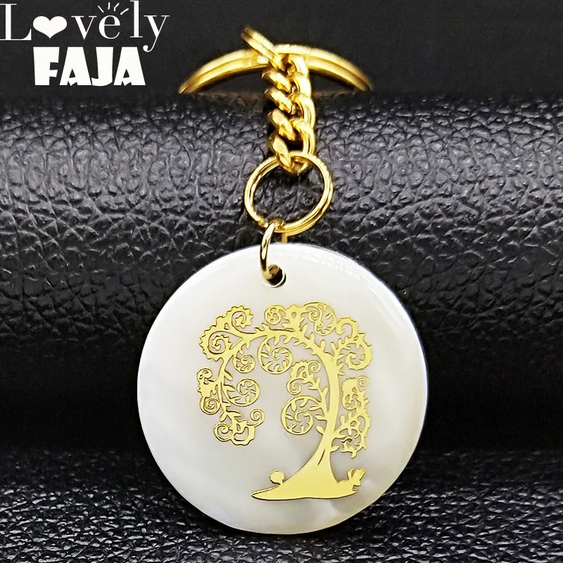

2019 Fashion Tree of Life Stainless Steel Shell Keychains for Men Gold Color Pendant Key Jewelry llaveros para hombre K77692B
