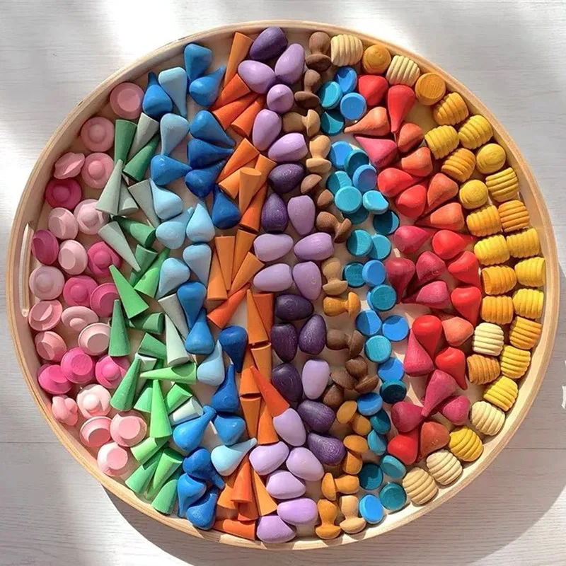 Kids Loose Parts Play Materials Rainbow Blocks Children Wooden Building Blocks Toys