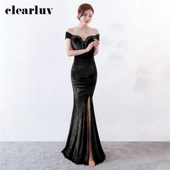 

Velour Evening Dresses Black Split Mermaid Formal Dress DX359-2 2020 Plus Size Beadning Tassel Prom Dress Sexy Slim Evening Gown