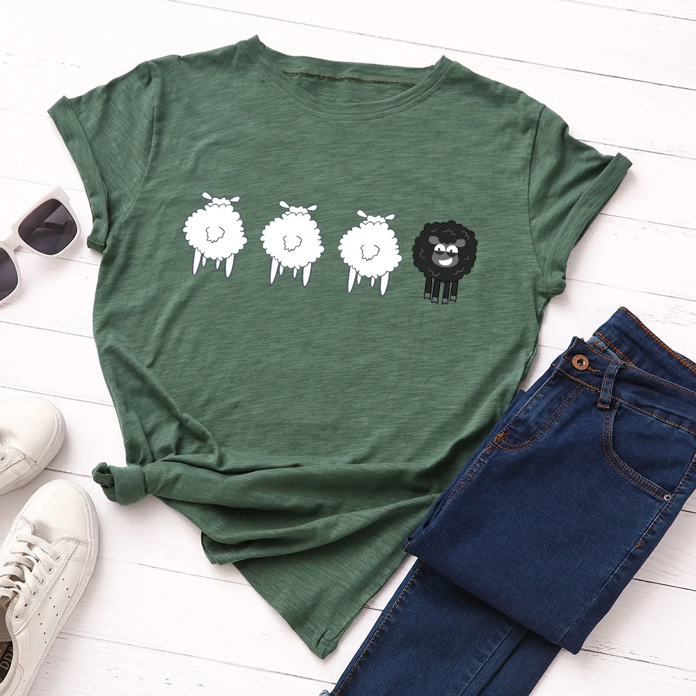 

2021 Plus Size Women T Shirt Cute Sheep Printed Shirts O Neck Short Sleeve Tees Summer T-Shirt 100%Cotton Women TShirt