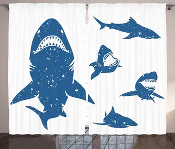 

Shark Window Curtains Digital Big Shark with Distressed Effects Deep Ocean Natural Retro Design Print Living Room Bedroom Decor