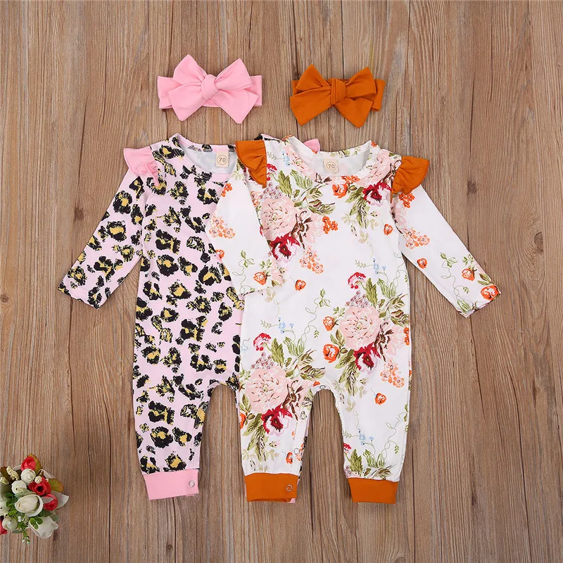 

Baby Autumn Clothing Floral/Leopard Print Ruffle Long-Sleeves Jumpsuit+Bowknot Hairband For Toddler Baby Girls 2Pcs 0-18 Months