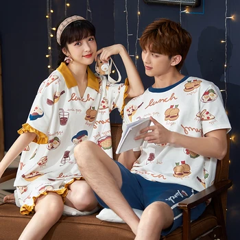 

Women Cotton Pajamas Short Sleeve Cartoon Sleepwear Pyjamas Set Men Pijama Sleep Two Piece Set Couple Loungewear Shorts Set 3XL