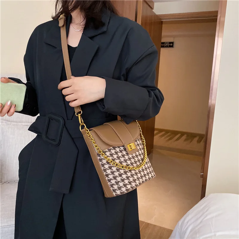 

Autumn And Winter Western Style Casual Bag Women's 2019 New Style Thousands of Birds Plaid Versatile Chain Shoulder Bucket Bag