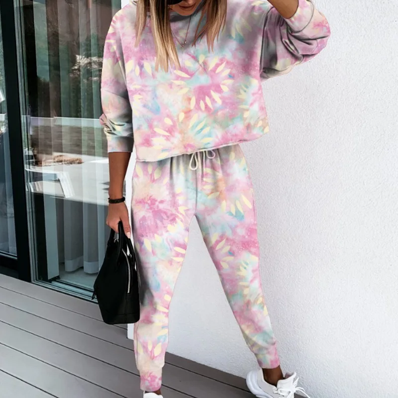

YICIYA Casual Tracksuit Two Piece Tie-dye Printed Lounge Wear Set Long Sleeve Hoodie And Trousers Print Jogging Suits For Women