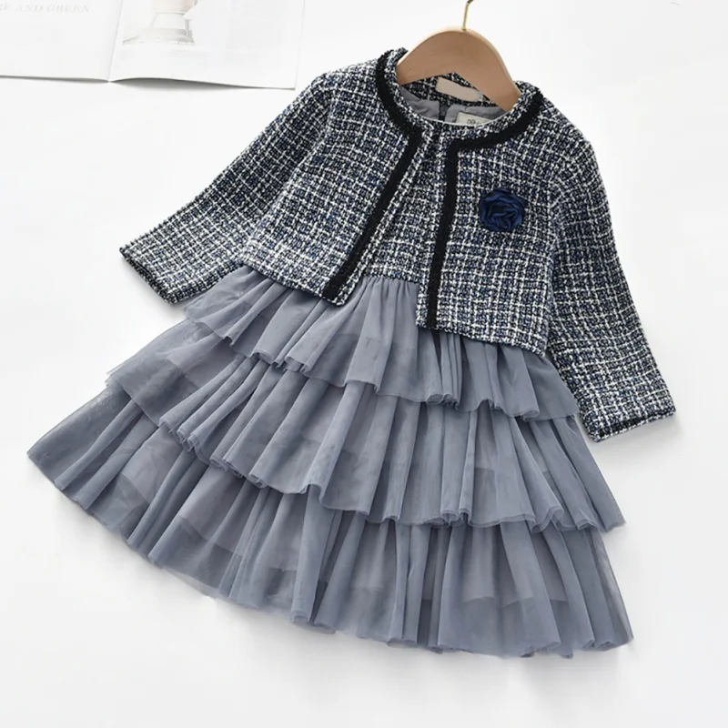

Kids Girls Dress Solid Color Autumn Girl Clothes Fashion Wool Woolen Coat Children Small Fragrance Dress Princess 2Pcs Set