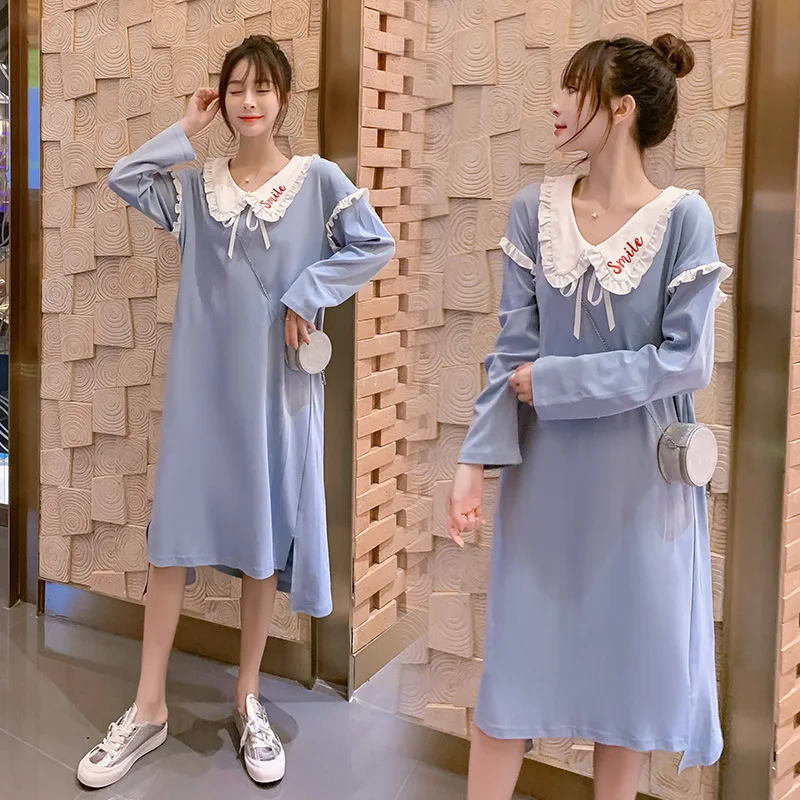 

Photo Shoot 2019 Autumn And Winter New Style Maternity Clothes Peter Pan Collar Blue Hipster Large Size Dress Fashion Fat Mm Lar