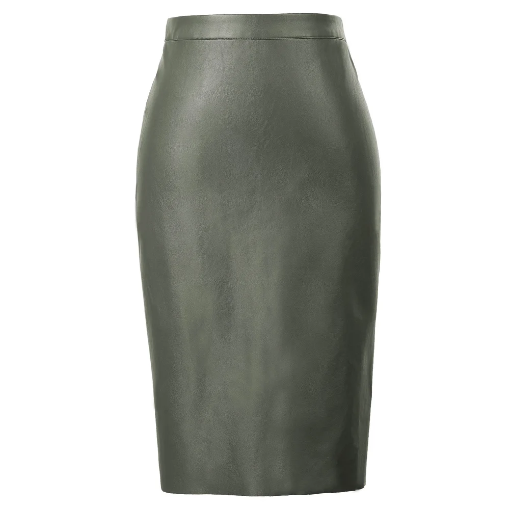 Dark Army Green Черная Женская юбка Belle Poque из искусственной кожи, новинка, Сексуальная мини-юбка с высокой талией, облегающая юбка с разрезом, офисная юбка-карандаш размера плюс S-XL - Цвет: Dark Army Green