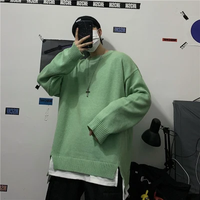 Корейский мужской свитер Харадзюку, Одноцветный, новинка, Свободный вязаный свитер, мужской свитер с круглым вырезом и длинным рукавом, свитер пуловер большого размера - Цвет: Зеленый