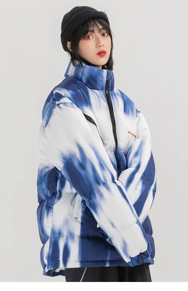 Зимняя плотная теплая верхняя одежда на молнии с карманом с принтом «Tie Dye», толстые парки, куртки, уличная одежда в стиле хип-хоп, Повседневная парка с хлопковой подкладкой, пальто