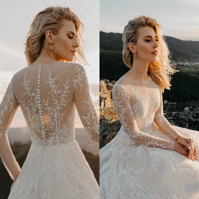 Шикарное кружевное свадебное платье А-силуэт длинный рукав тюль Vestido De Noiva богемные свадебные платья - Цвет: Слоновая кость
