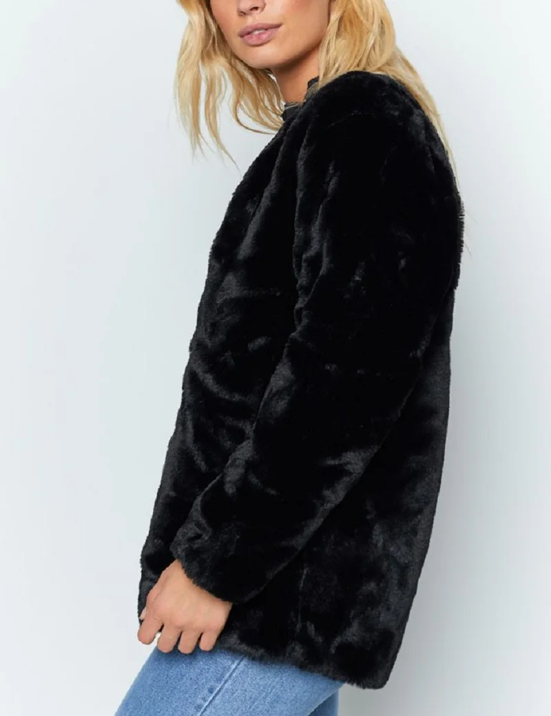 CALOFE Soft Fur V Nevk Winter Womens Coats Ladies Open Stitch Fluffy Faux Fur Jackets Slim Fit Overcoat Black Tops Plush Outwear