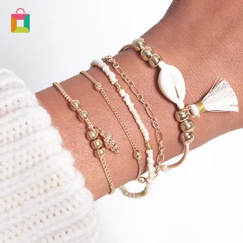 

6 pieces/set of tassel multi-layer bracelets shell pendant beads bracelet charm female bohemian jewelry stacking Glittery