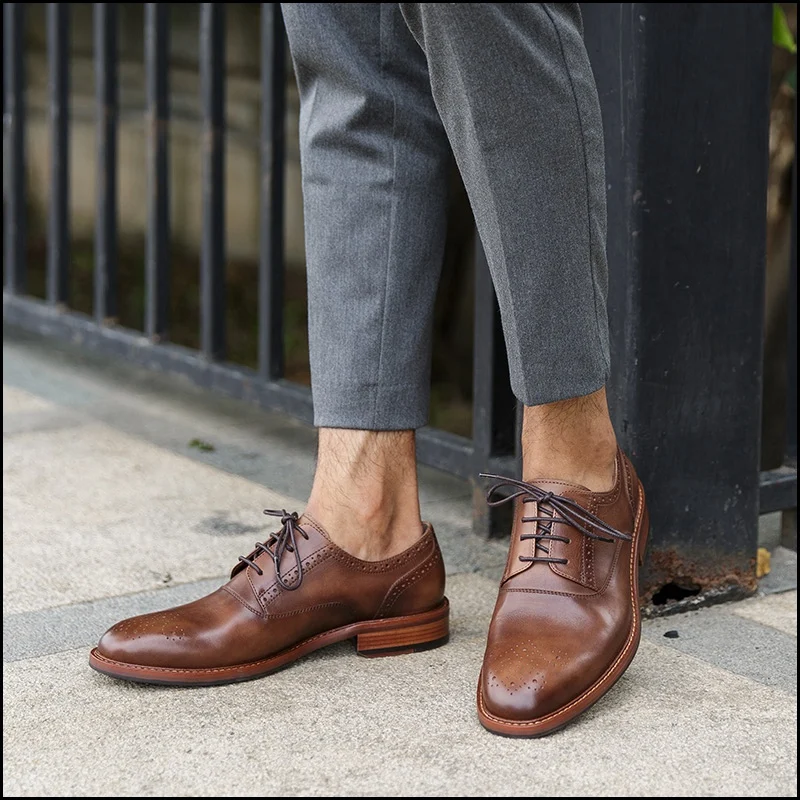 New Summer Round Toe Laces Man Formal Dress Shoes Genuine Leather Party Oxfords Handmade Men's Breathable Brogues Flats NHS269