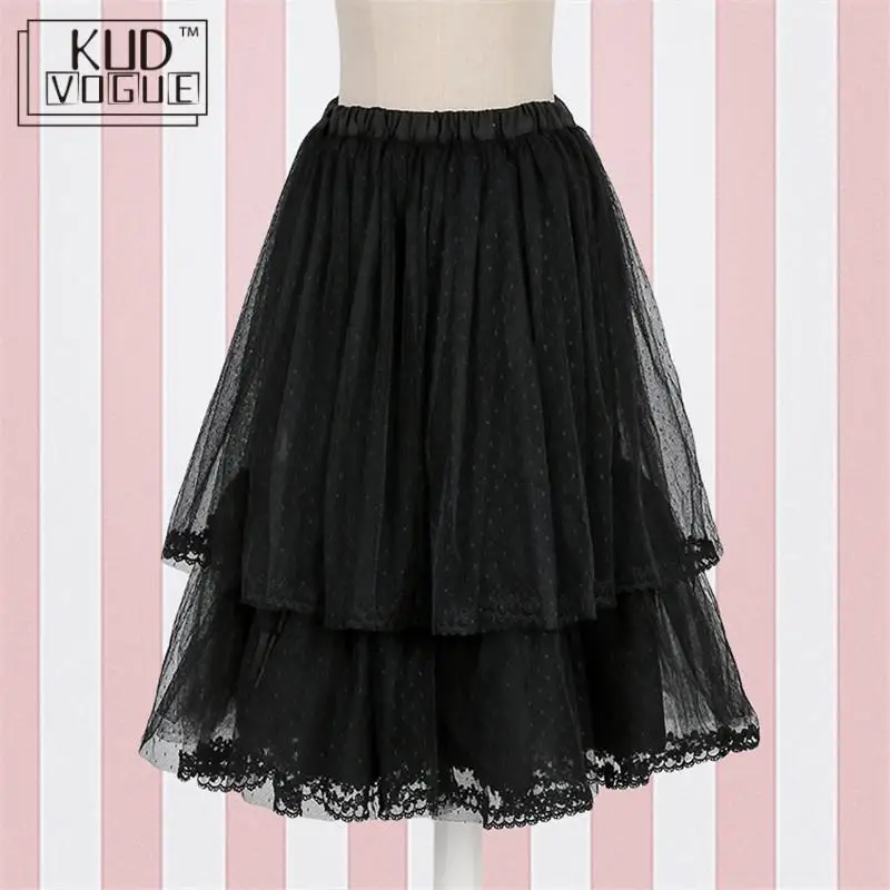 Черная двухслойная винтажная сетчатая Нижняя юбка в стиле Лолиты для девочек, юбка-пачка средней длины с капюшоном, женские слипоны