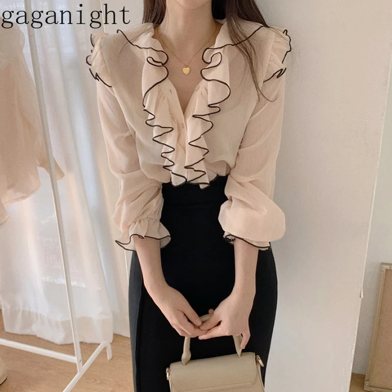 

Gaganight Elegant Fashion Women Chiffon Blouse Long Sleeve V Neck Ruffles Patchwork Shirts Office Lady Spring Summer Blusas Chic