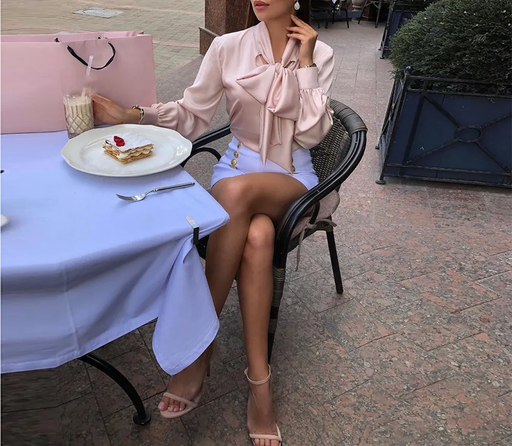 WHITNEY WANG блузки женские осенние модные элегантные атласные блузки с бантом женские блузы офисные женские рубашки топы