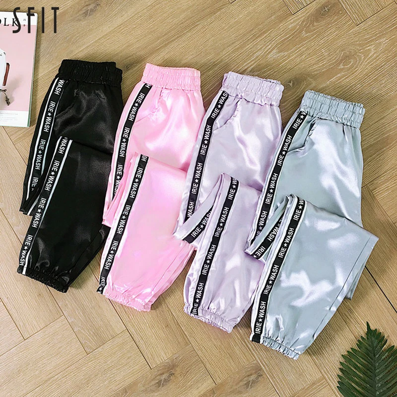 Big Pocket Satin Highlight Harem Pants Women Glossy Sport Ribbon Trousers BF Harajuku Joggers Women's Sports Pants