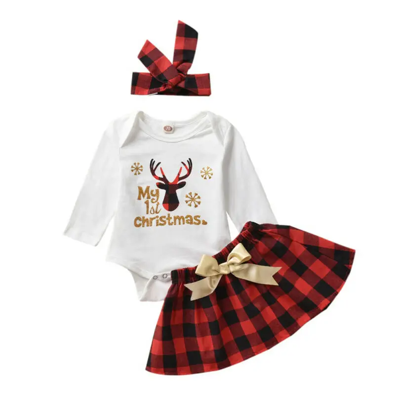 Pudcoco/Рождественские топы для новорожденных девочек 0-18 месяцев, комбинезон с длинными рукавами, шотландская клетчатая юбка-пачка, юбка повязка на голову