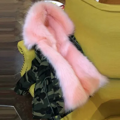 Camo Pink Fur Меховая куртка для девочек и мальчиков зимние парки верхняя одежда для детей ясельного возраста шуба из искусственного лисьего меха для девочек, черная детская одежда с капюшоном, TZ323 - Цвет: Camo Pink Fur