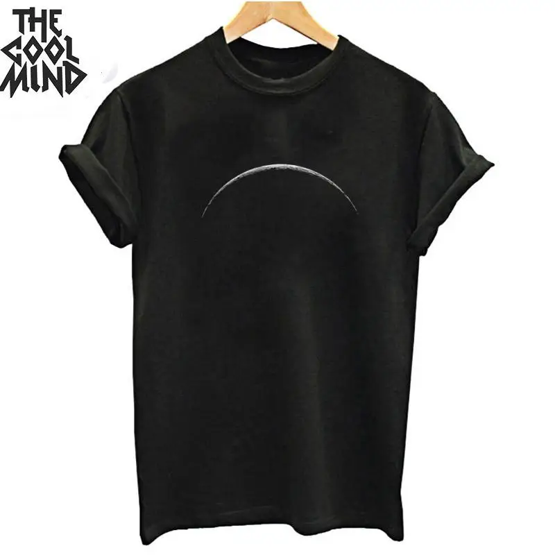 COOLMIND/Высококачественная Хлопковая женская футболка с коротким рукавом и принтом Луны, летняя Свободная Женская футболка, крутая футболка с круглым вырезом, женская футболка - Цвет: MO0154ZCM-BLK