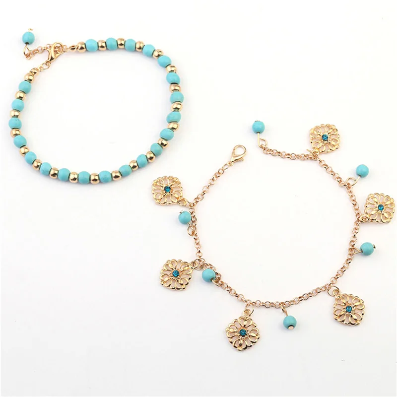 Boho синие Бусины многослойный ножной браслет для женщин пляжные аксессуары этнические ручной браслет летние украшения для тела - Окраска металла: BDY1072GD
