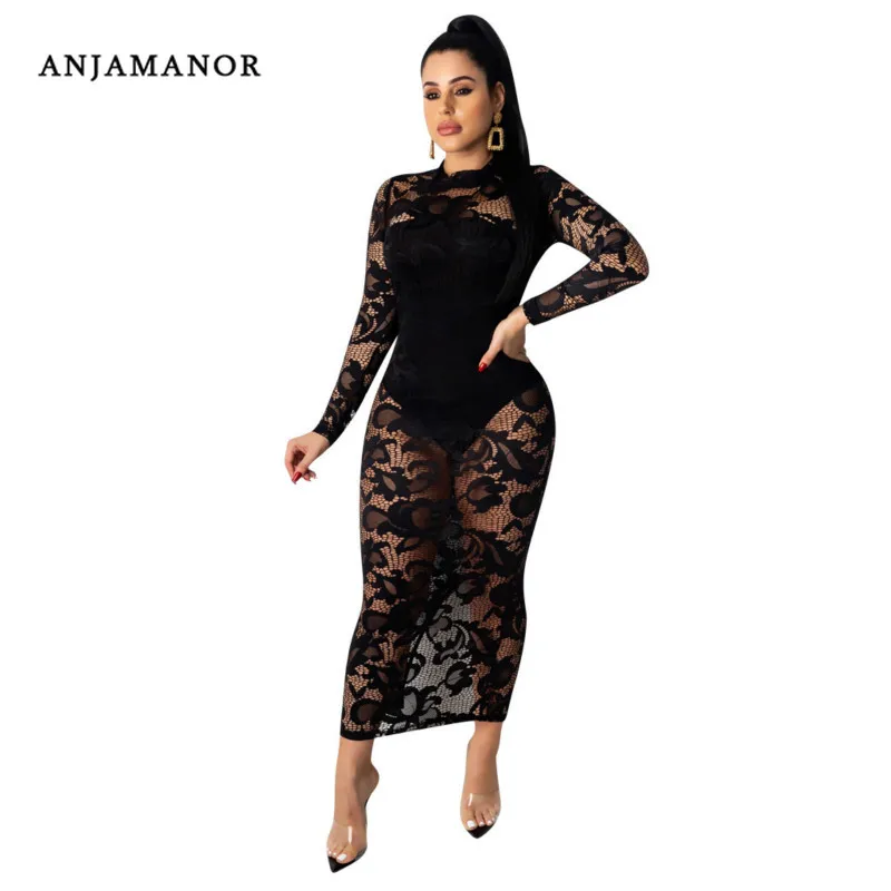 ANJAMANOR сексуальное платье 2020 Vestido цветочное кружевное прозрачное Клубное из двух