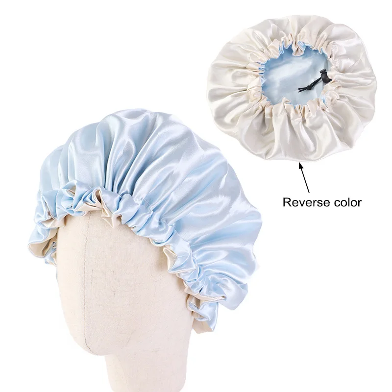 New Reversible Satin Bonnet double layer adjustable size Sleep Night Cap Head Cover Bonnet Hat for For Curly Springy Hair Black ladies head wraps Hair Accessories