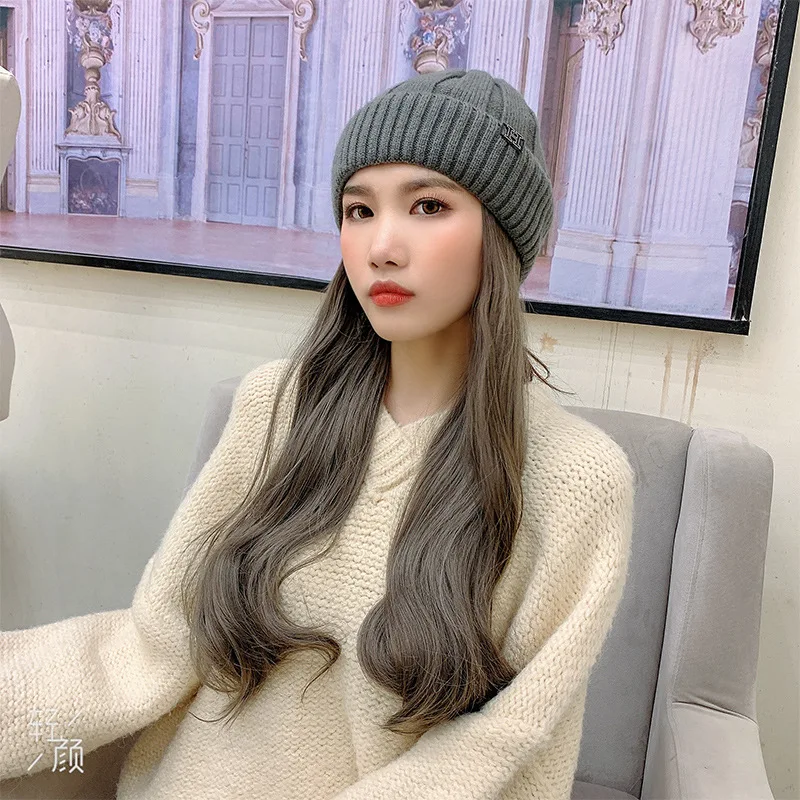 Парик вязаная шапка зимние шапки для женщин Skullies Beanies с длинной волной 55 см парик/волосы все-в-одном женская теплая шапка F36704AD