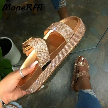 

Spring/summer 2020 women double-layer rhinestone buckle sandals outside wild beach slippers ladies leisure home travel flip flop